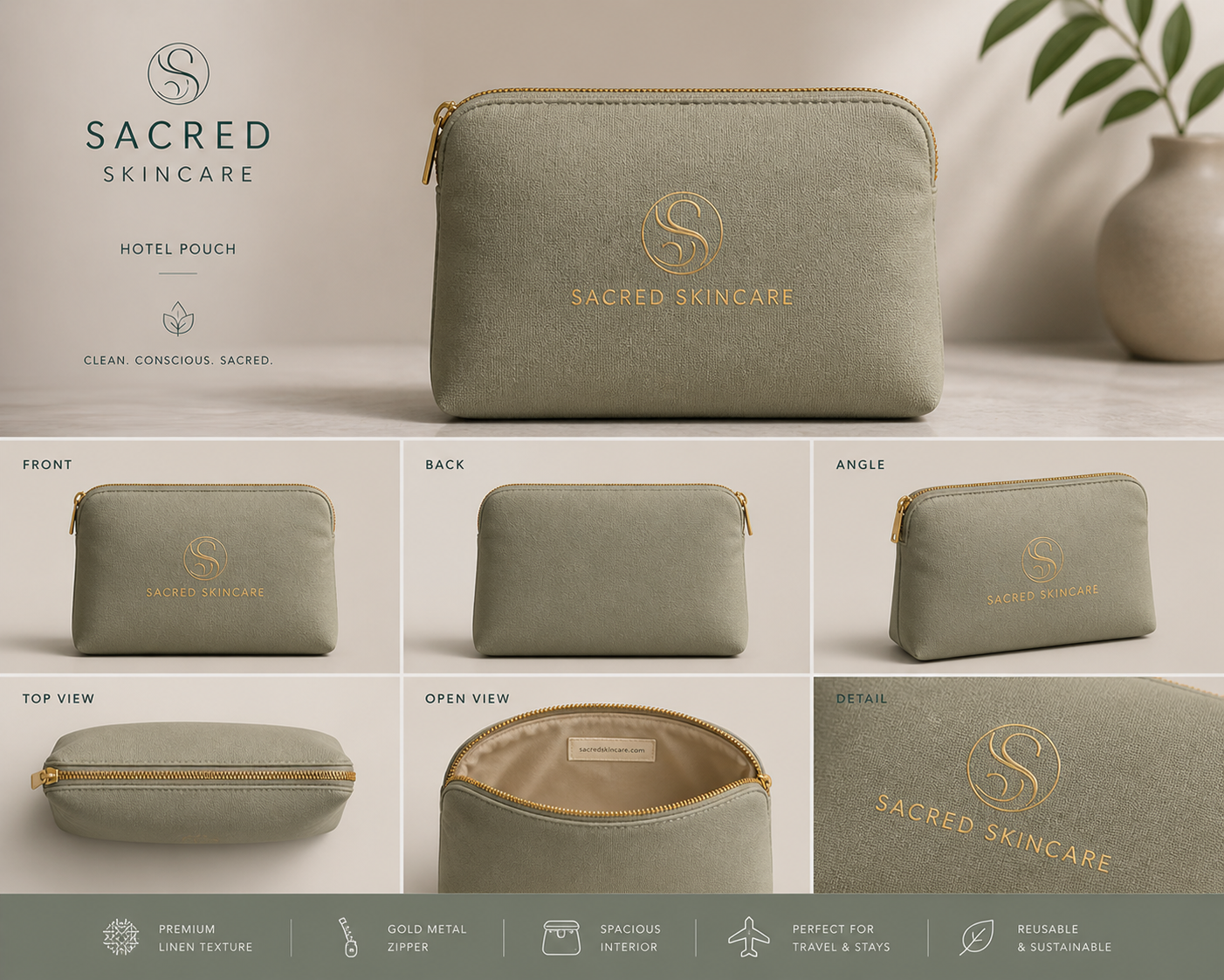 The Sacred Skincare branded amenity pouch — trusted by luxury hotels